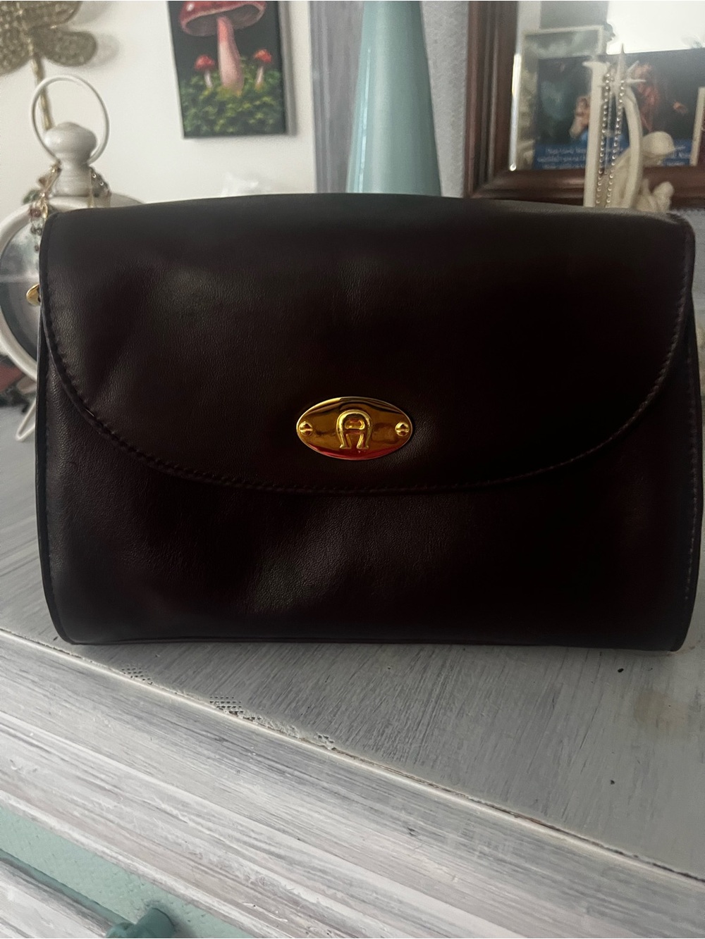Etienne Aigner Dark Brown Leather Crossbody with Gold Hardware